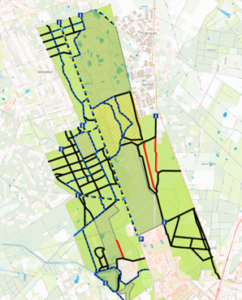 zwart: toegankelijk voor wandelaars, geel: toegankelijk voor fietsers, blauw: toegankelijk voor paarden, rood: ontoegankelijk